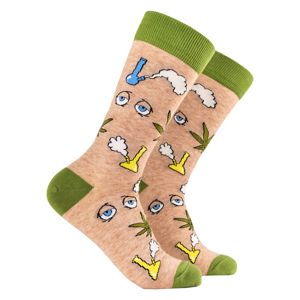 Bongs Socks. A pair of socks featuring bongs and weed. Beige legs, green heel, toe and cuff. 