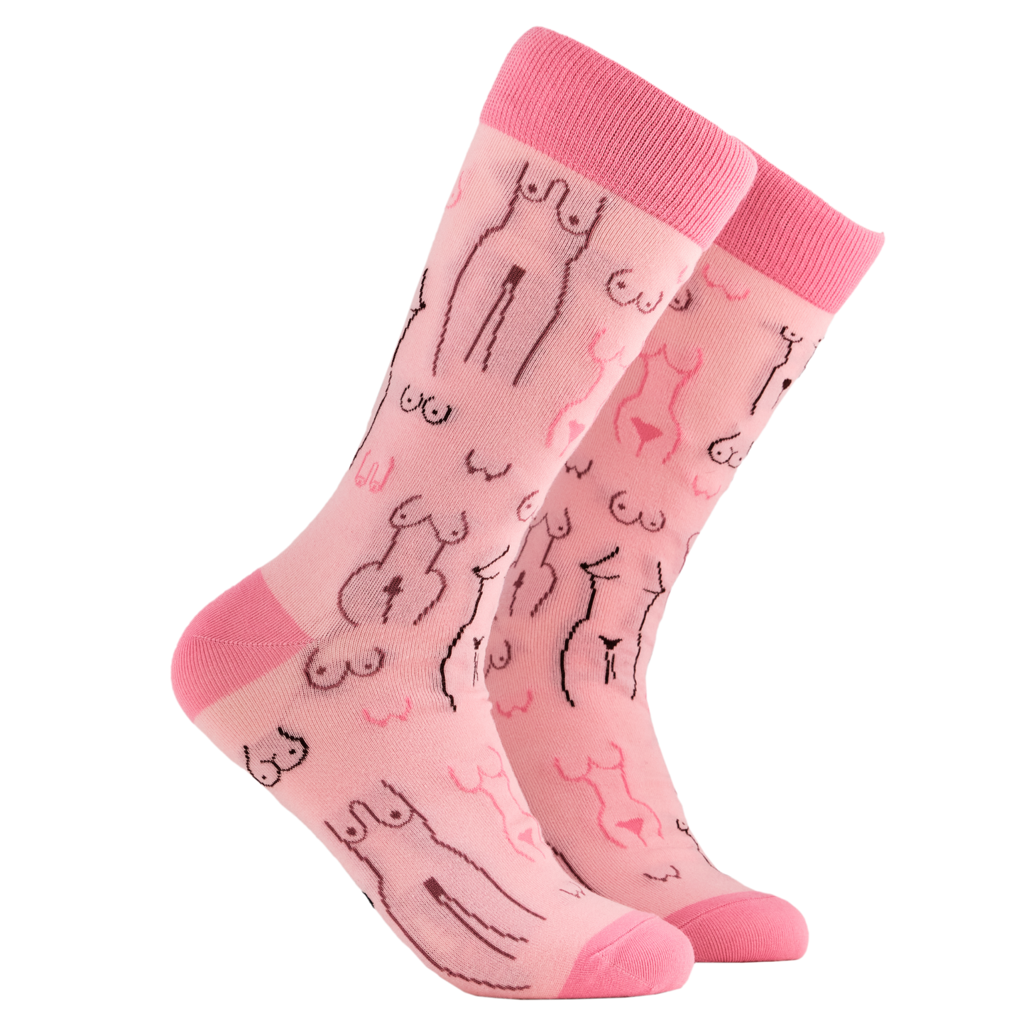 
                  
                    Boobs Socks. A pair of socks depicting tea cups and tea pots. Pink legs, dark pink cuff, heel and toe.
                  
                