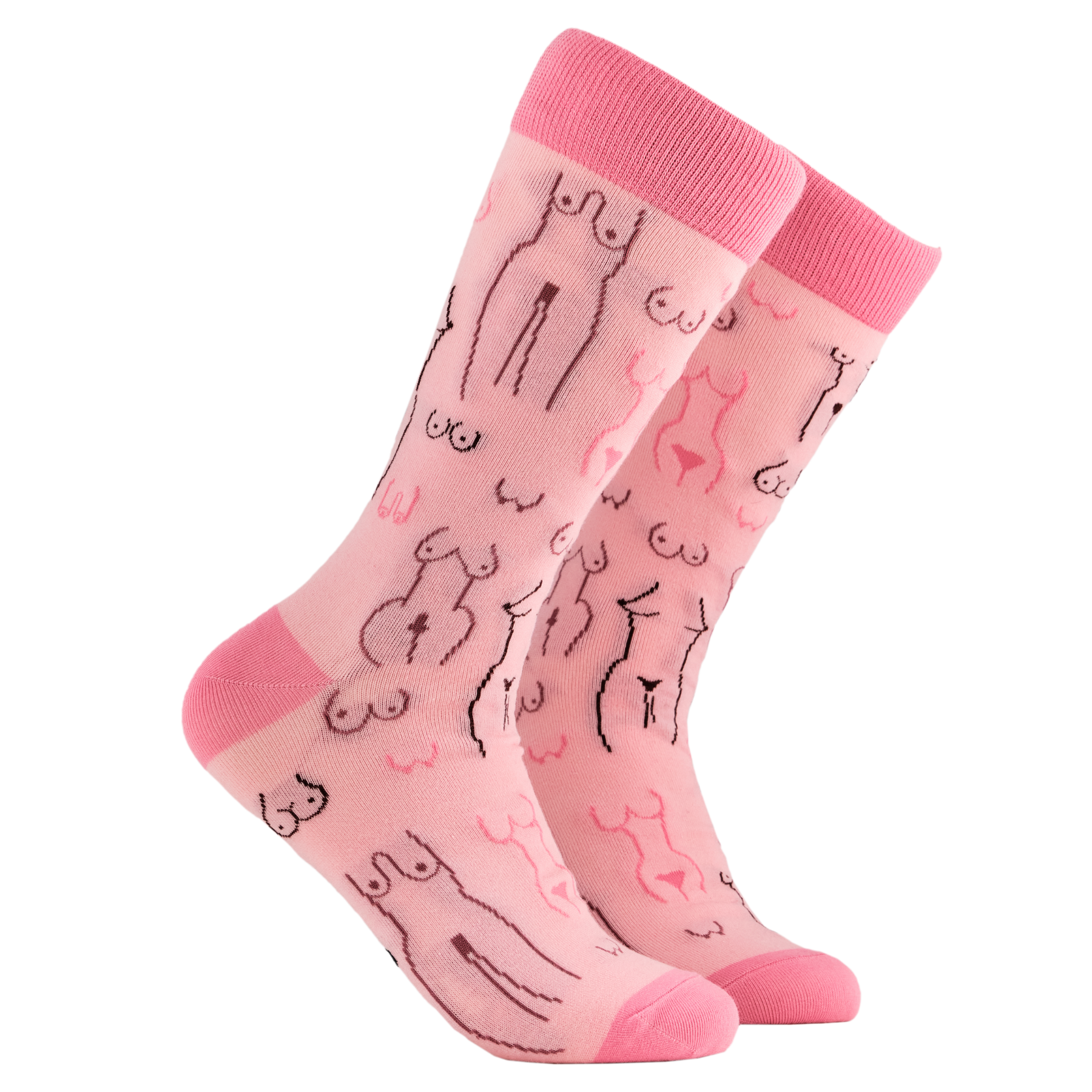 Boobs Socks. A pair of socks depicting tea cups and tea pots. Pink legs, dark pink cuff, heel and toe.