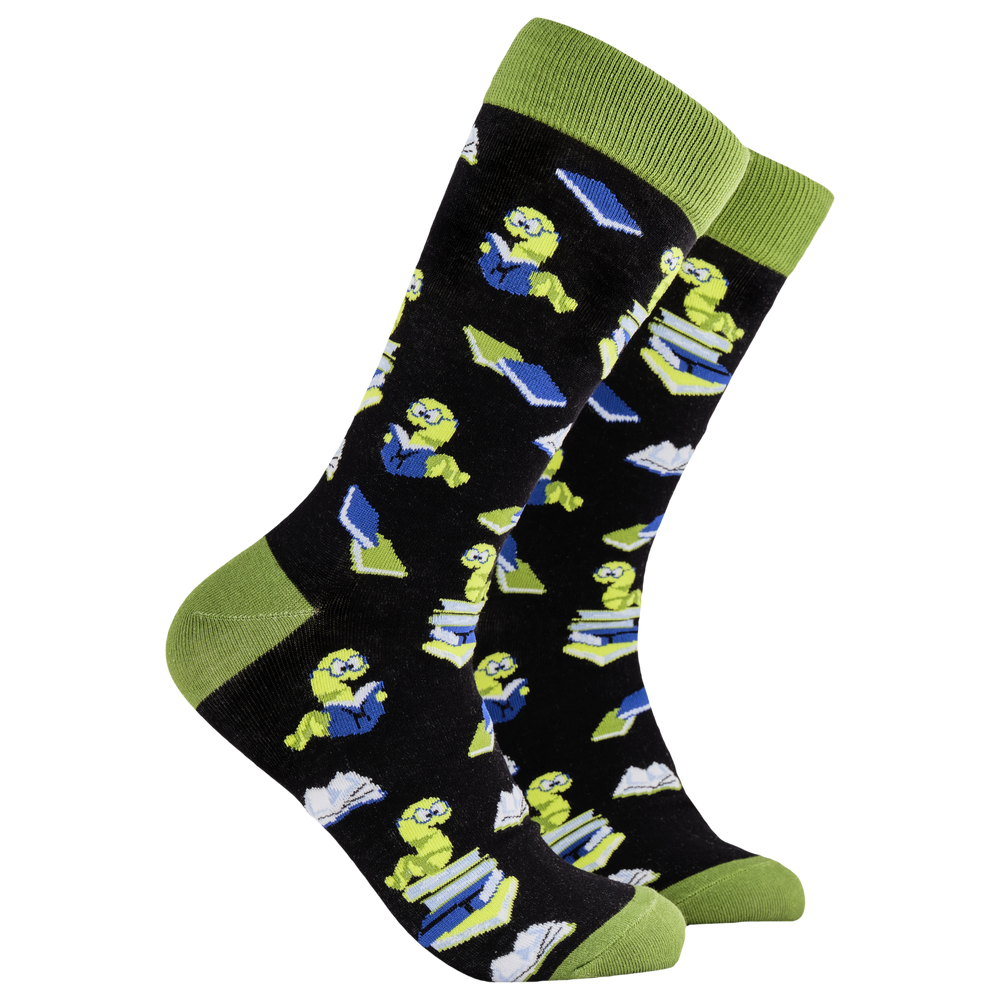 
                  
                    Reading Socks - Bookworm. A pair of socks depicting worms reading books. Black legs, green cuff, heel and toe.
                  
                