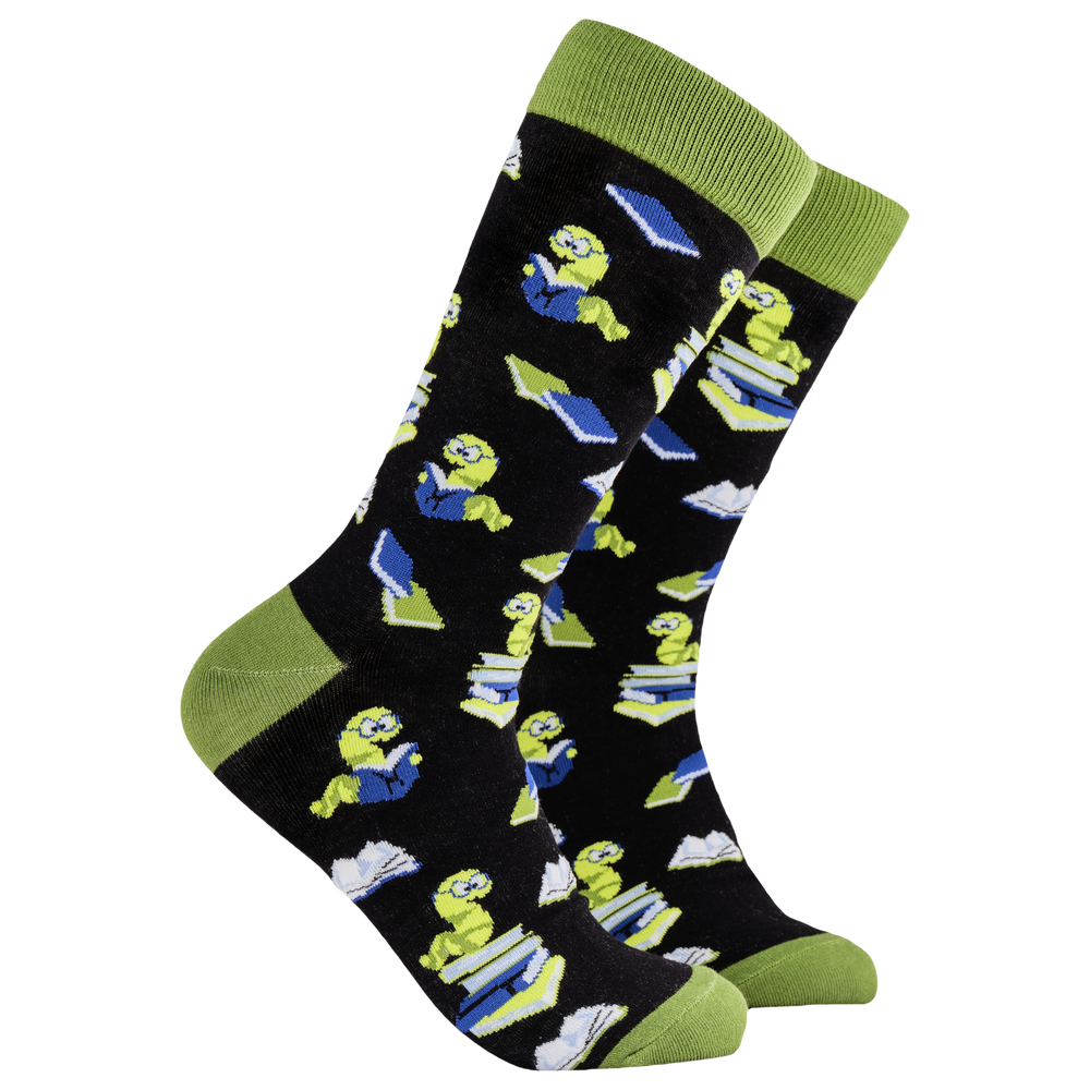 Reading Socks - Bookworm. A pair of socks depicting worms reading books. Black legs, green cuff, heel and toe.
