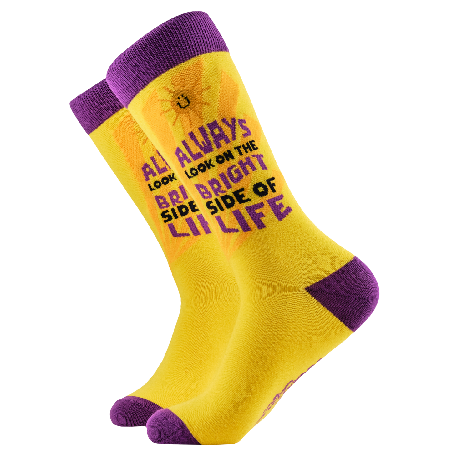 Positivity Socks - Bright Side. A pair of socks with the slogan 'Always look on the bright side of life'. Bright yellow legs, purple toe, cuff and heel. 