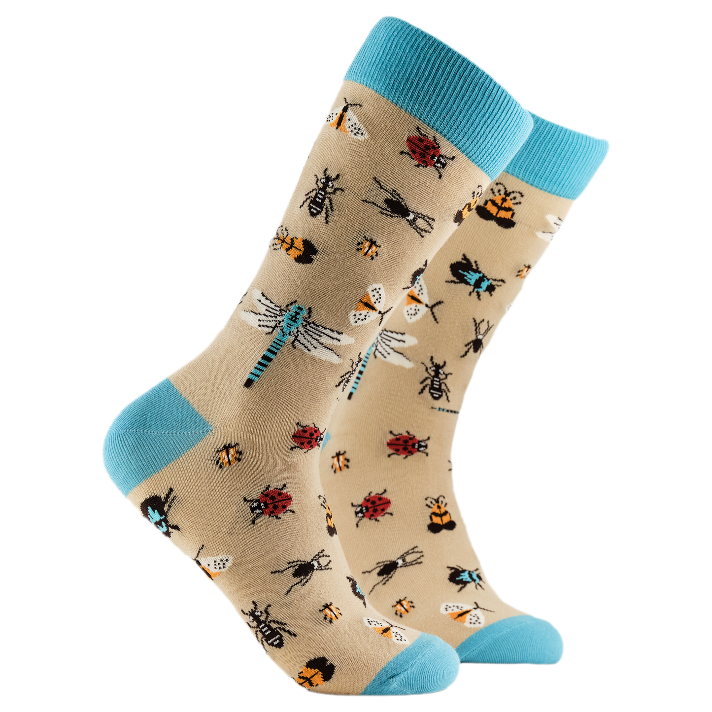 Bug Socks - Buglife. A pair of socks depicting insect wildelife. Beige legs, blue cuff, heel and toe.