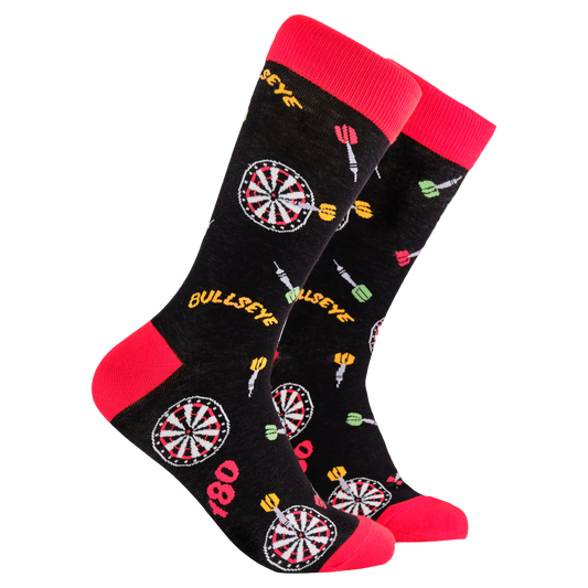 Darts Socks - Bullseye. A pair of socks depicting darts and dartboards. Black legs, red cuff, heel and toe.