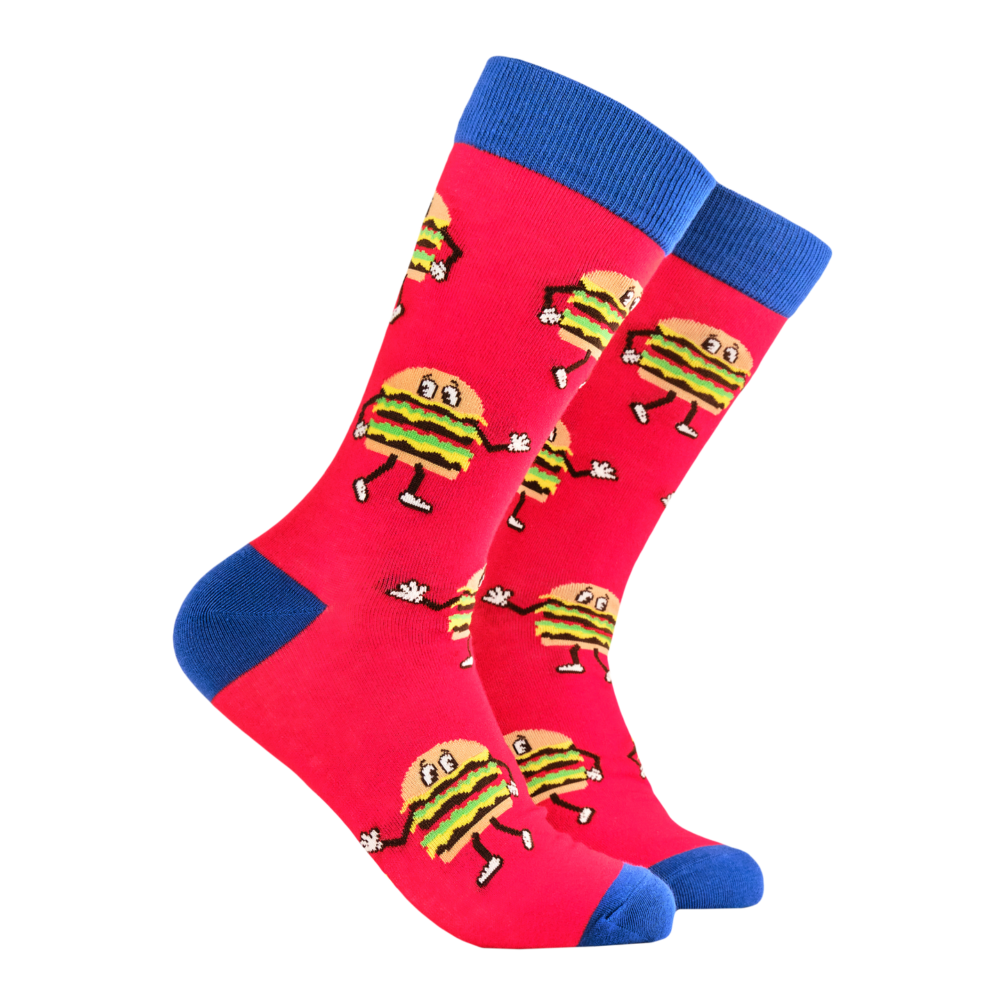 Burger Time Socks. A pair of socks featuring dancing burgers. Red legs, blue eel, toe and cuff. 