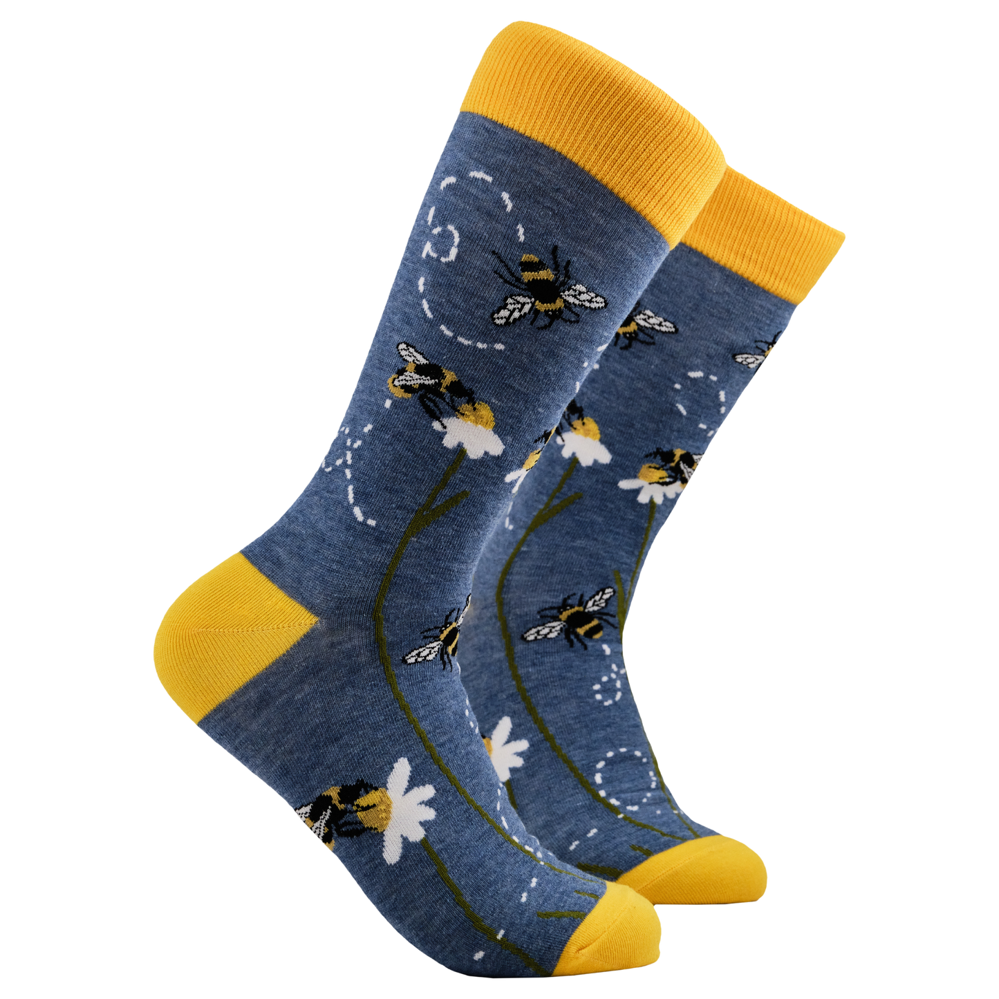 Bee and Daisy Socks - Bzzzz. A pair of socks with a bee and daisy motif. Blue legs, yellow heel, toe and cuff. 