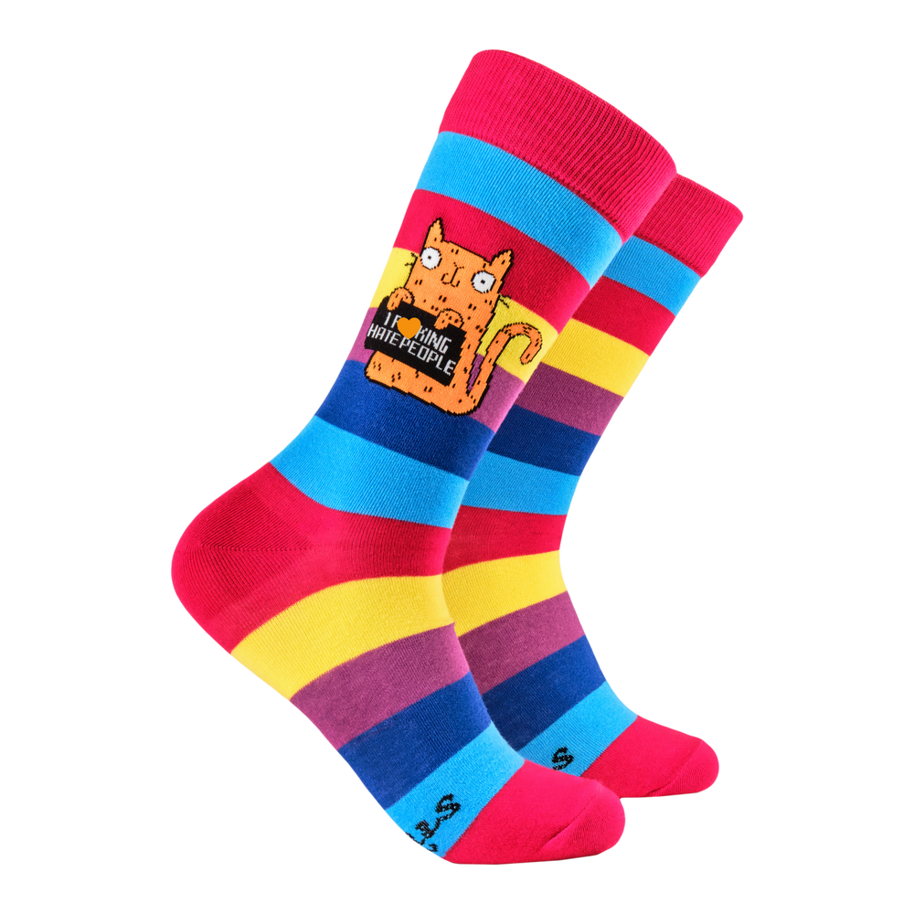 
                      
                        I Fucking Hate People Socks - Soctopus X Katie Abey. A pair of socks featuring a cute cat holding a sweary sign. Rainbow striped legs. 
                      
                    