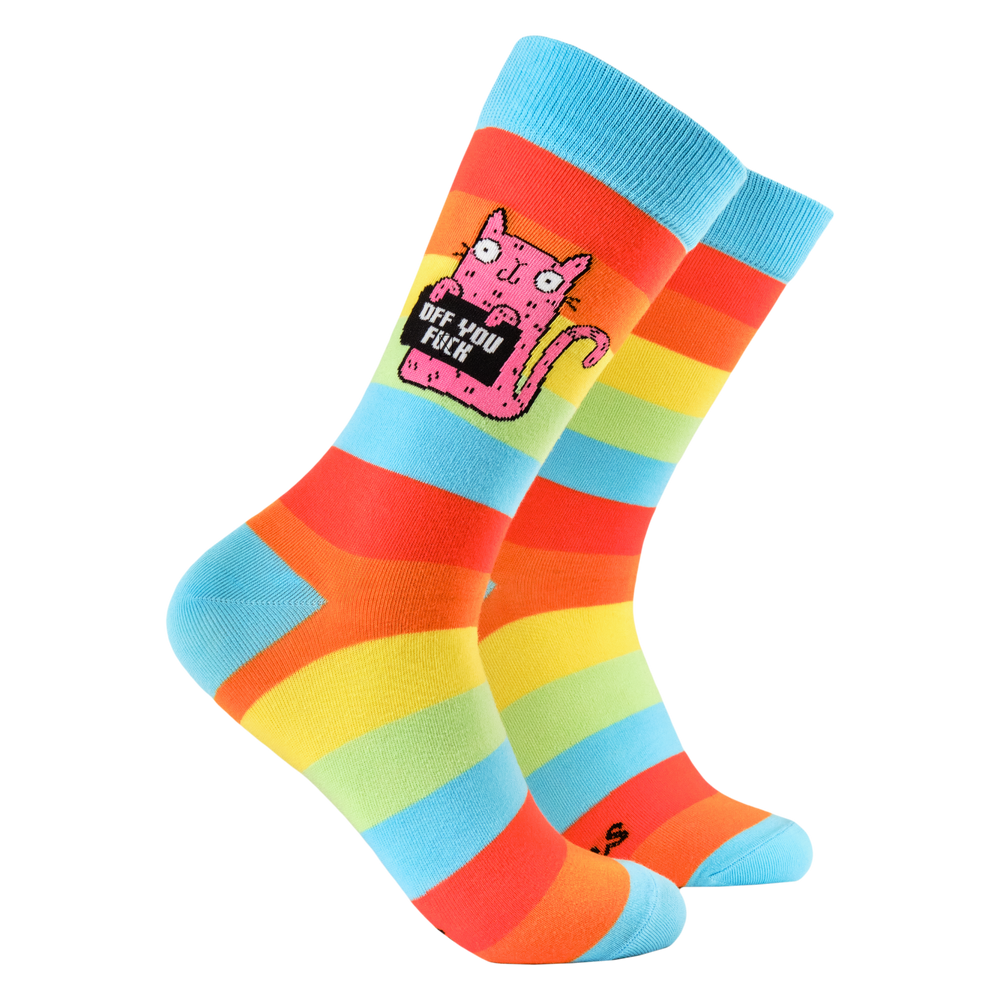 Off You Fuck Socks - Soctopus X Katie Abey. A pair of socks featuring a cute cat holding a sweary sign. Rainbow legs. 