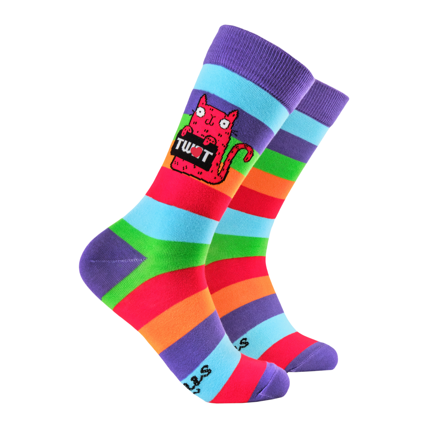 Twat Socks - Soctopus X Katie Abey. A pair of socks featuring a cute cat holding a sweary sign. Rainbow legs. 