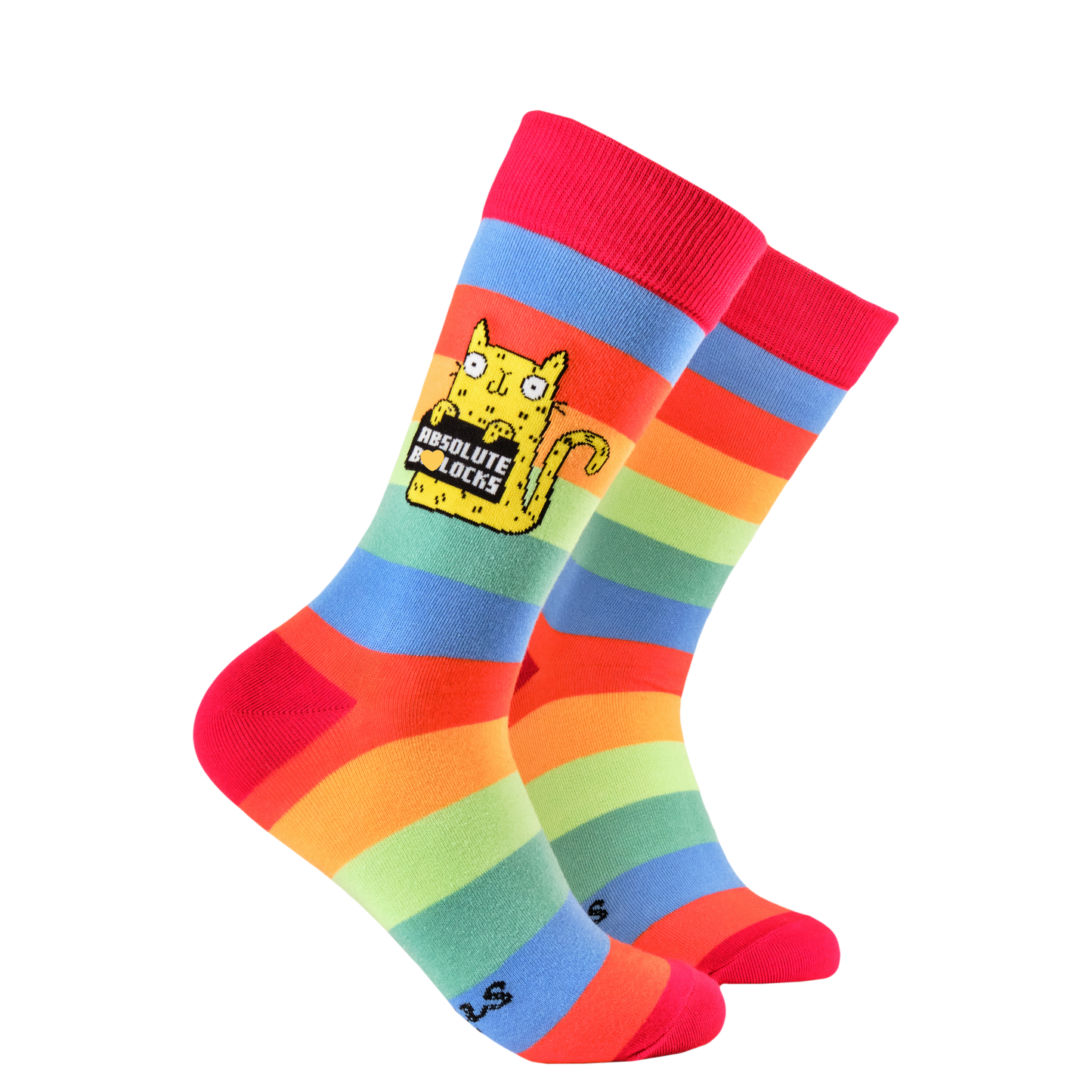 Absolute Bollocks Socks - Soctopus x Katie Abey. A pair of socks depicting a cute cat holding a sweary sign. Rainbow striped legs. 