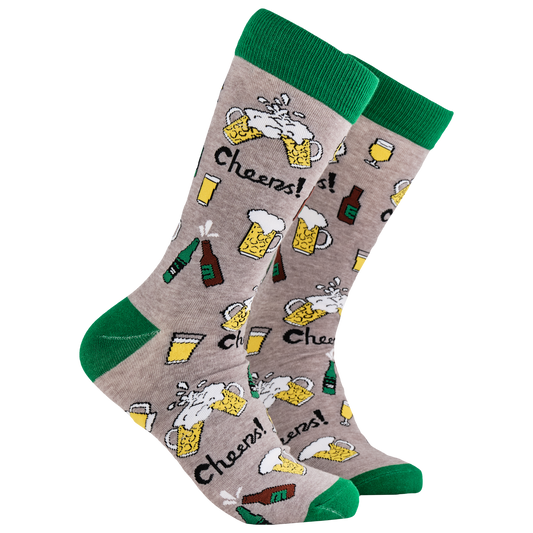 Beer Socks - CHEERS! A pair of socks depicting pints and bottles of beer. Grey legs, green cuff, heel and toe.
