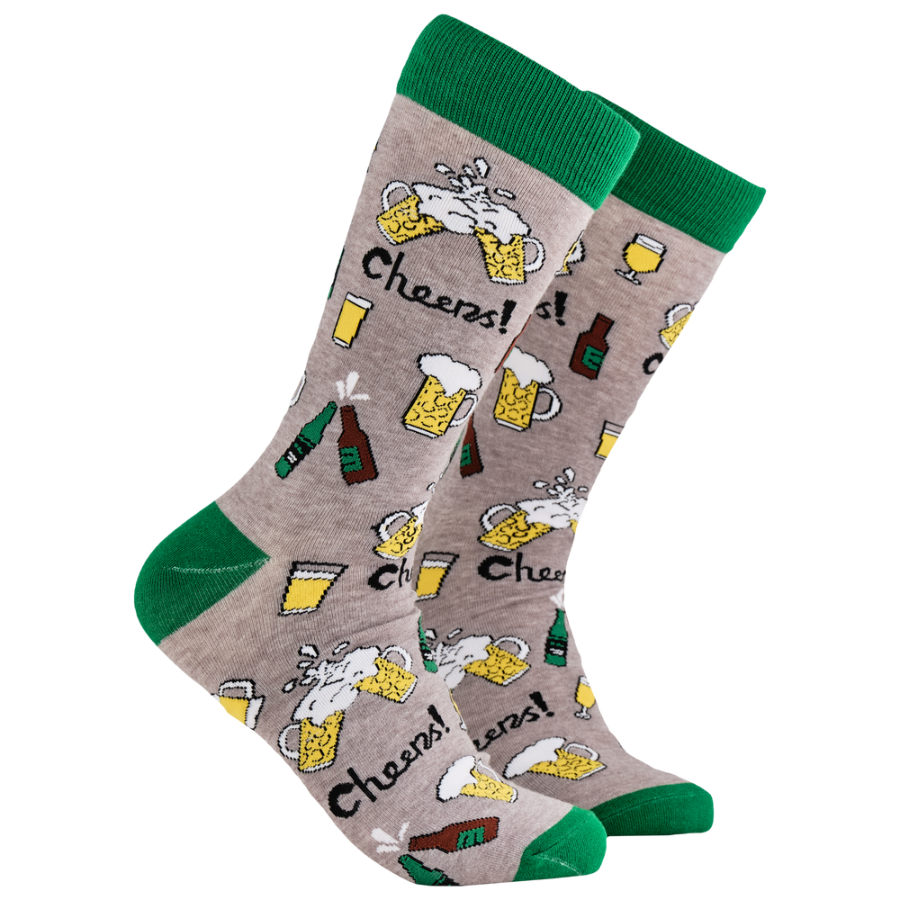 Beer Socks - CHEERS! A pair of socks depicting pints and bottles of beer. Grey legs, green cuff, heel and toe.