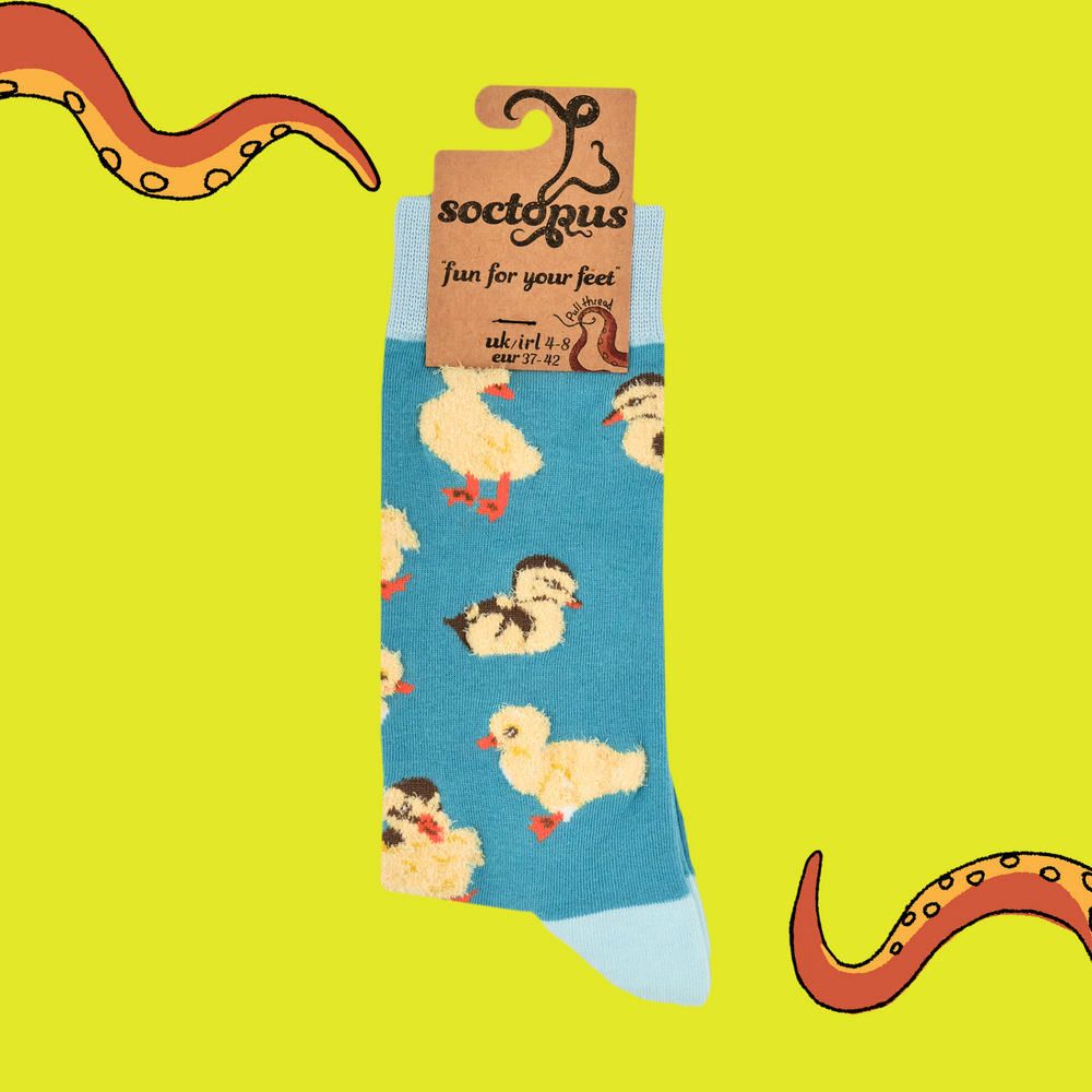 
                      
                        A pair of socks with fluffy ducklings. Teal legs, bright blue heel, toe and cuff. 
                      
                    