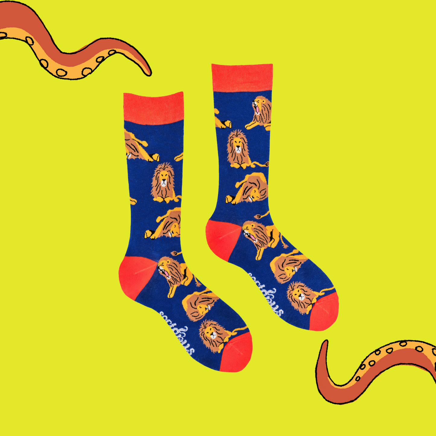 
                  
                    A pair of socks depicting lions. Blue legs, red cuff, heel and toe.
                  
                