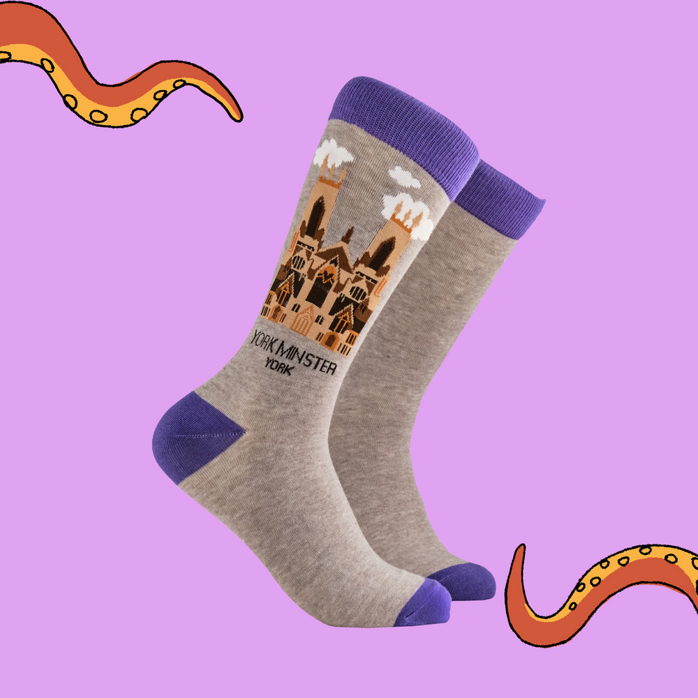 A pair of socks depicting the iconic York Minster cathedral. Grey legs, purple cuff, toe and heel. 