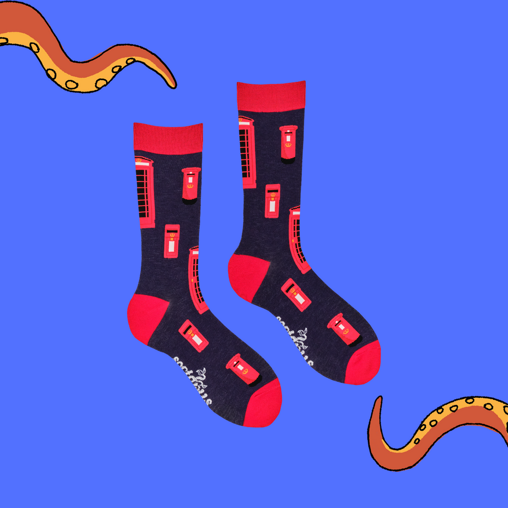 
                      
                        A pair of socks with a red telephone box motif. Dark blue legs, red heel, toe and cuff. 
                      
                    