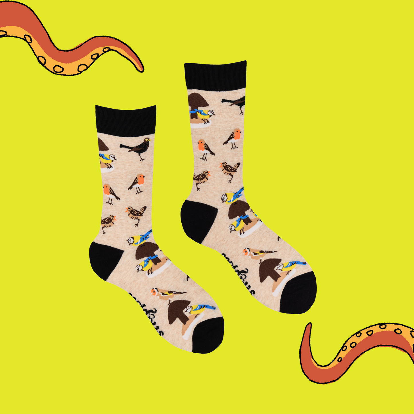 
                  
                    A pair of socks depicting british birds. Oatmeal legs, black cuff, heel and toe.
                  
                