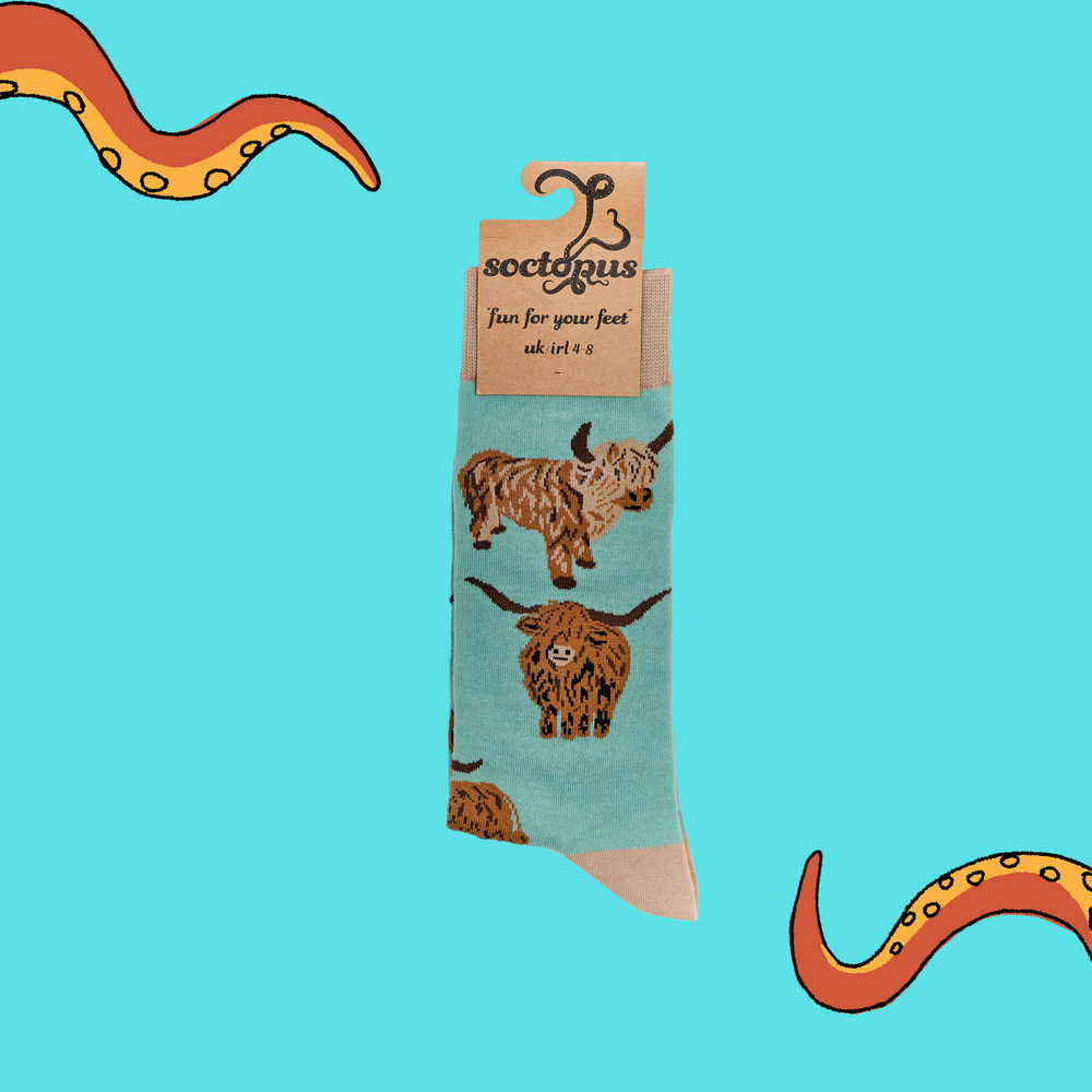 
                      
                        A pair of socks depicting highland cows. Green legs, brown cuff, heel and toe. In Soctopus Packaging.
                      
                    