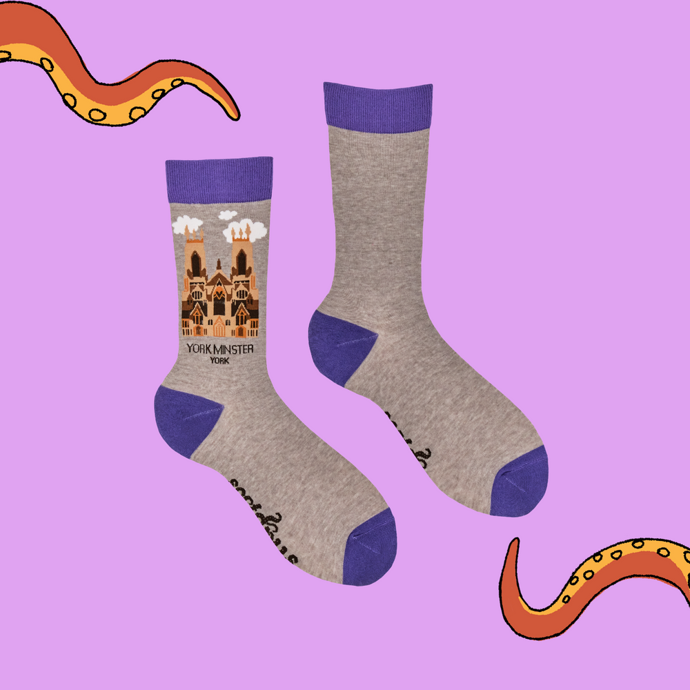 
                      
                        A pair of socks depicting the iconic York Minster cathedral. Grey legs, purple cuff, toe and heel. 
                      
                    