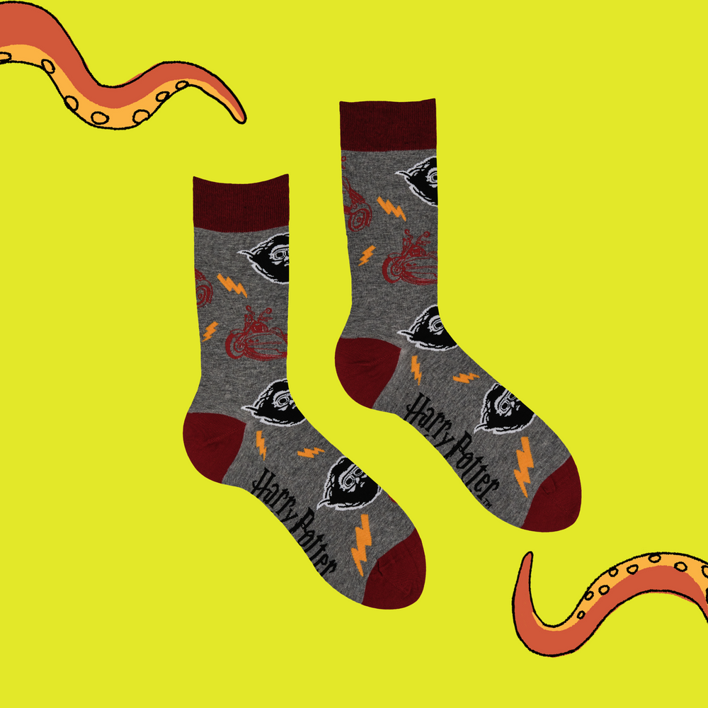 
                      
                        A pair of socks depicting Hagrid wearing his flying goggles. Grey legs, red toe, heel and cuff.
                      
                    