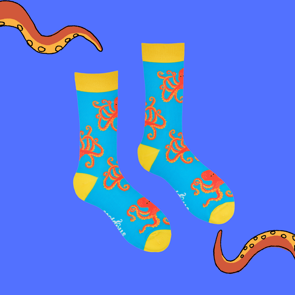 
                  
                    A pair of socks depicting the soctopus mascot, Captain Soctopus. Blue legs, yellow cuff, heel and toe.
                  
                