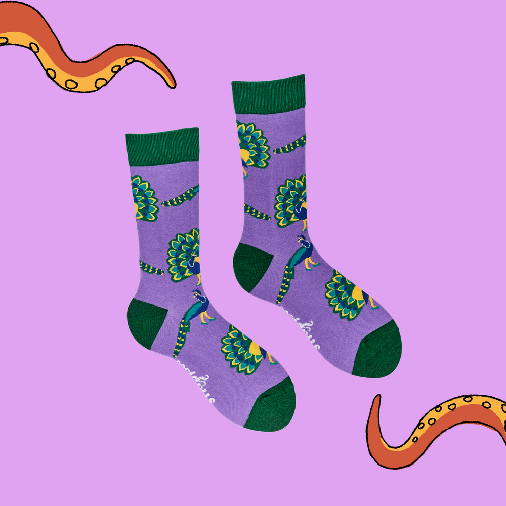 
                      
                        A pair of socks depicting peacocks. Purple legs, green cuff, heel and toe.
                      
                    