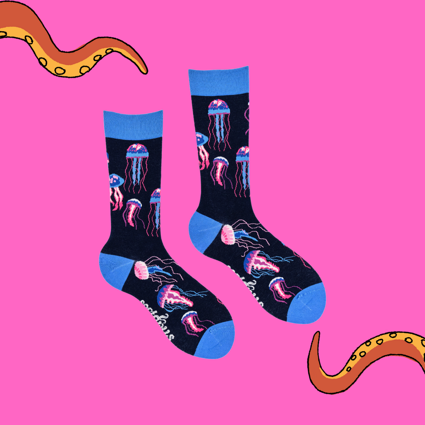 
                  
                    A pair of socks depicting jellyfish. Dark blue legs, light blue cuff, heel and toe.
                  
                