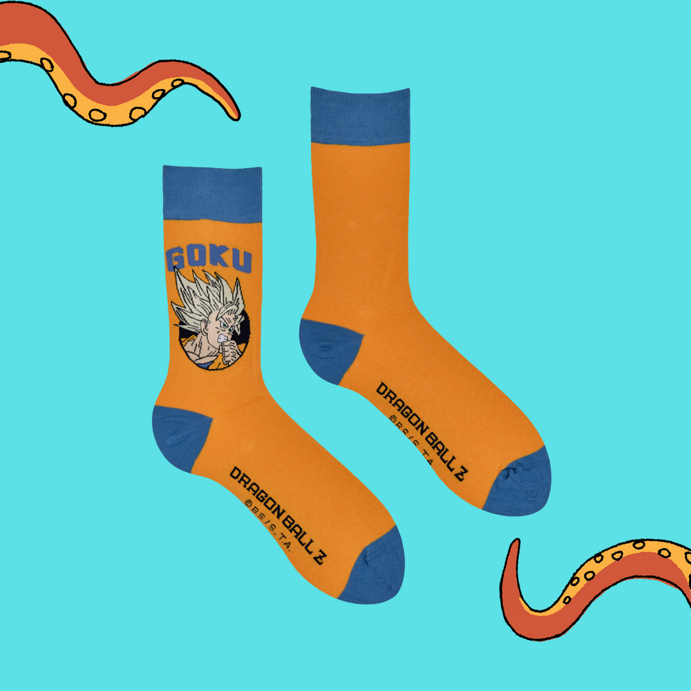 
                      
                        A pair of socks depicting Super Saiyan Goku. Orange legs, light blue heel, toe and Cuff.
                      
                    