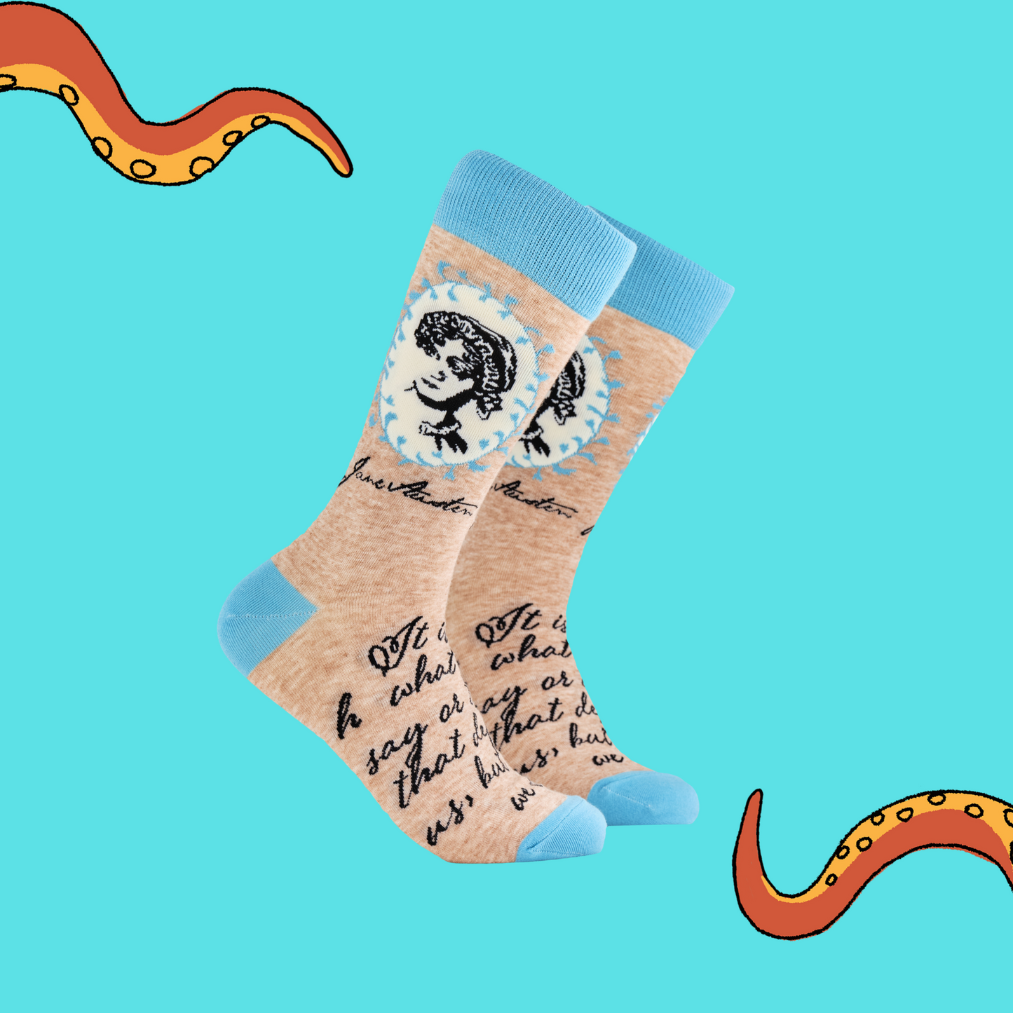 
                  
                    A pair of socks depicting Jane Austen. Oatmeal legs, blue cuff, heel and toe.
                  
                