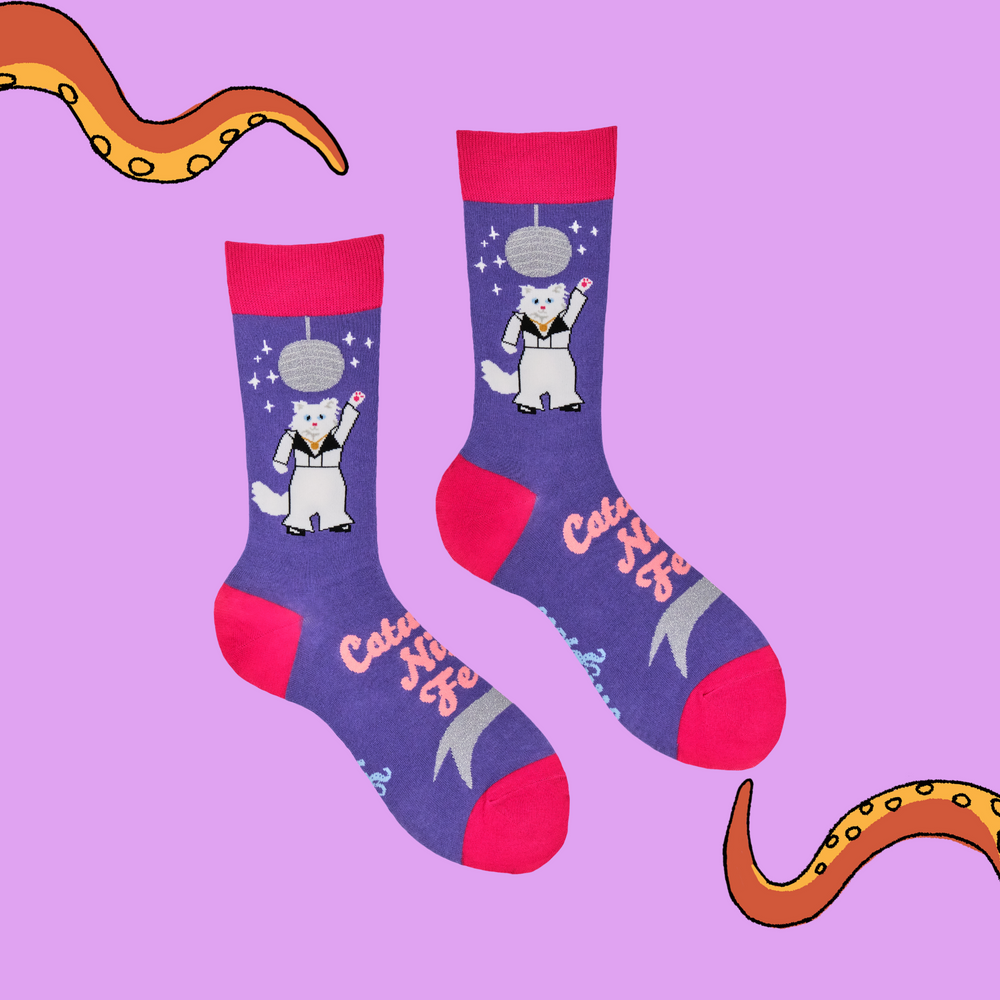 
                      
                        A pair of socks featuring a 70s disco cat. Purple legs, bright pink heel, toe and cuff. 
                      
                    