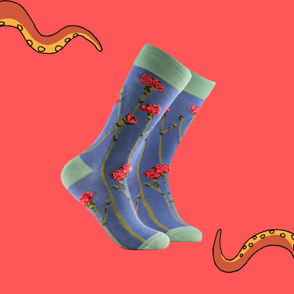 A pair of socks depicting carnations in wildlife. Blue legs, light green cuff, heel and toe.