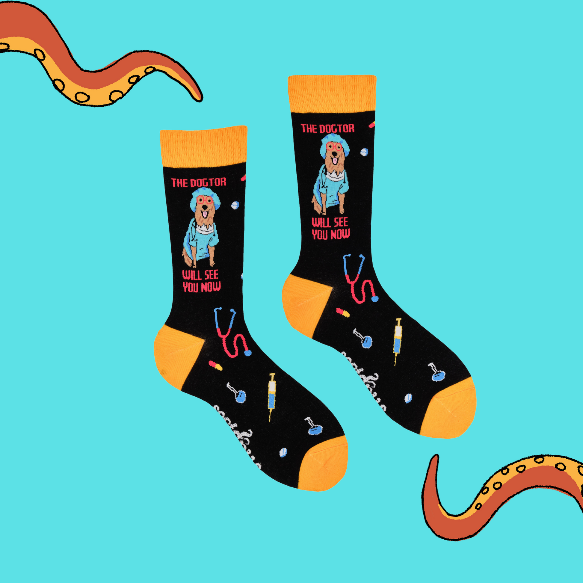 A pair of socks depicting a dog dressed in medical scrubs. Black legs, yellow cuff, heel and toe.