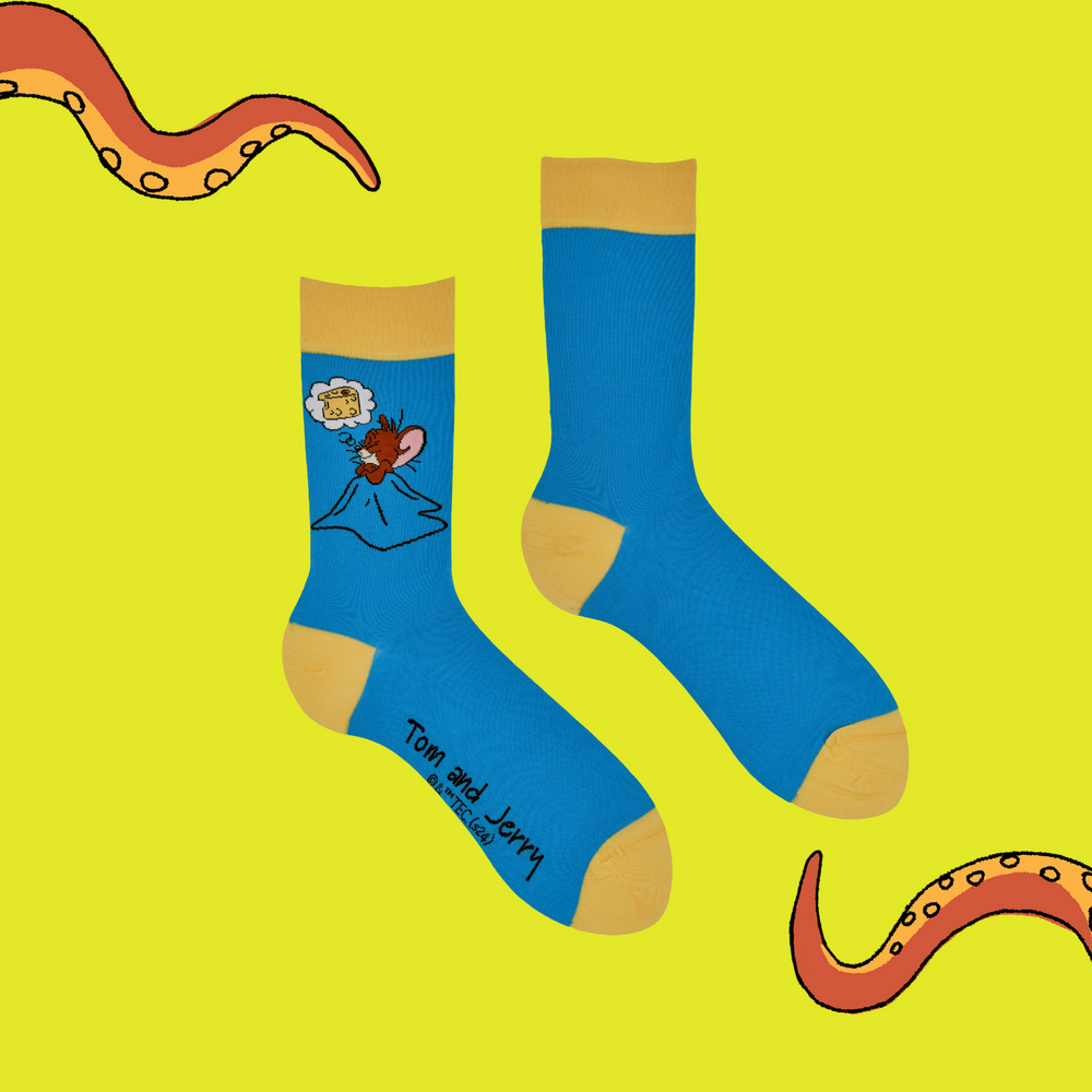 
                      
                        A pair of socks depicting Jerry having cheese dreams. Blue leg, yellow toe, cuff and heel.
                      
                    