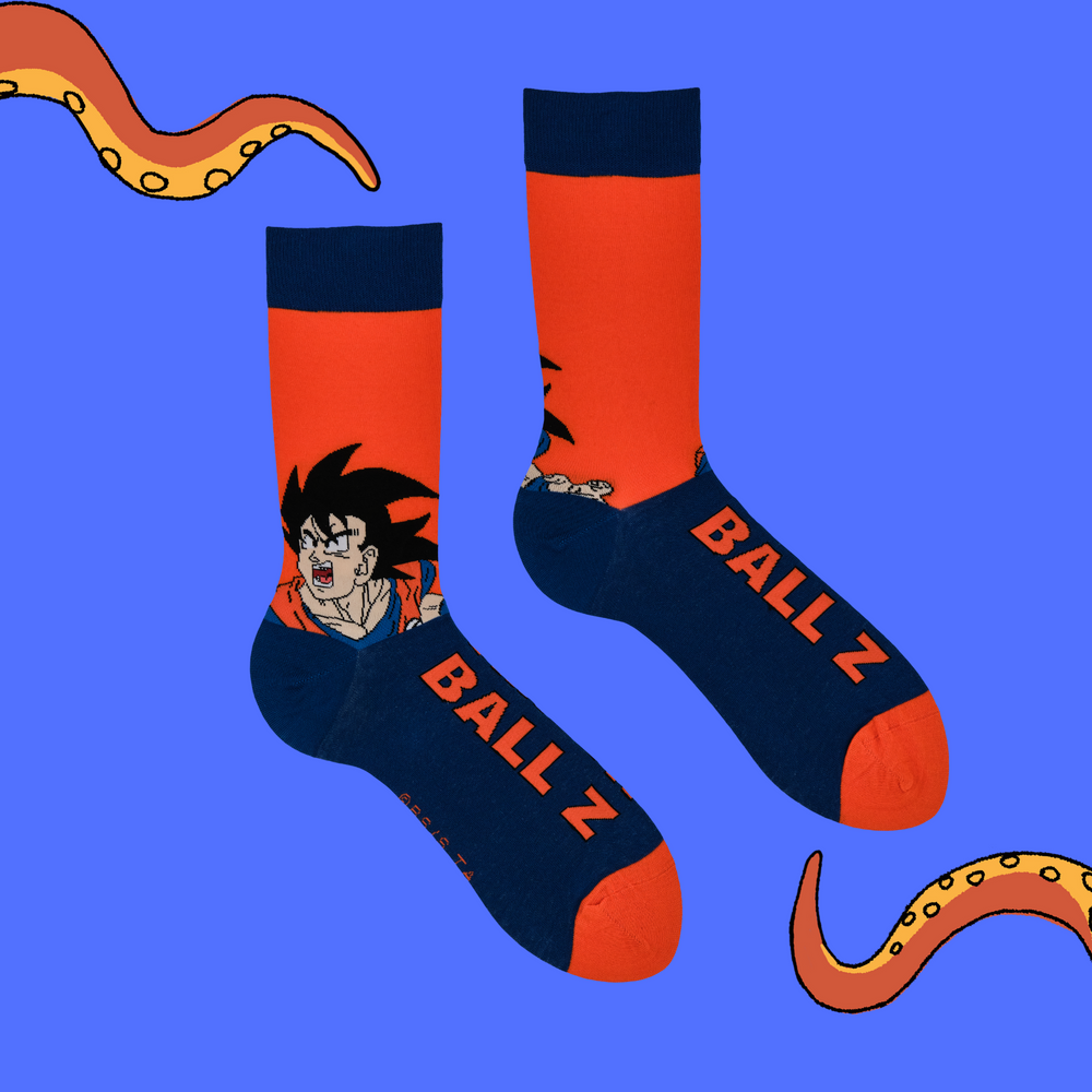 
                      
                        A pair of socks depicting Goku from Dragon Ball Z. Orange legs, dark blue heel, cuff and toe.
                      
                    