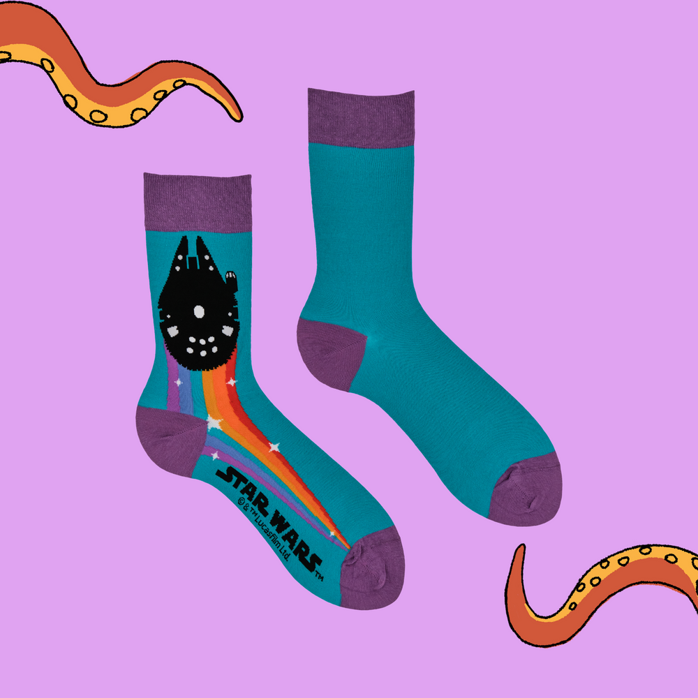 
                      
                        A pair of socks depicting the Millennium Falcon with a burst of pride. Turquoise legs, light purple heel, toe and cuff.
                      
                    