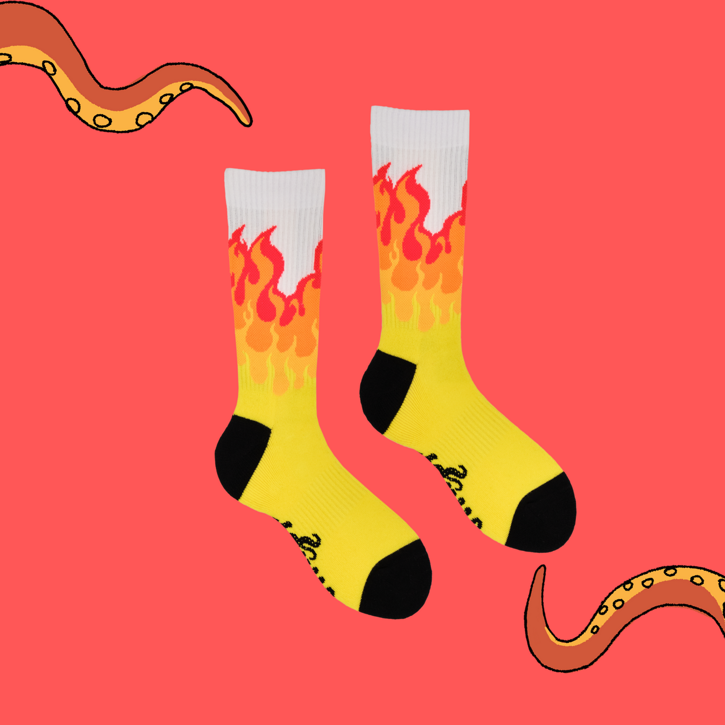 
                  
                    A pair of socks depicting rising flames. Yellow legs, white cuff, black heel and toe.
                  
                