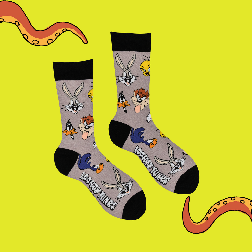 
                      
                        A pair of socks featuring the famous looney tunes gang. Grey legs, black toe, heel and cuff. 
                      
                    