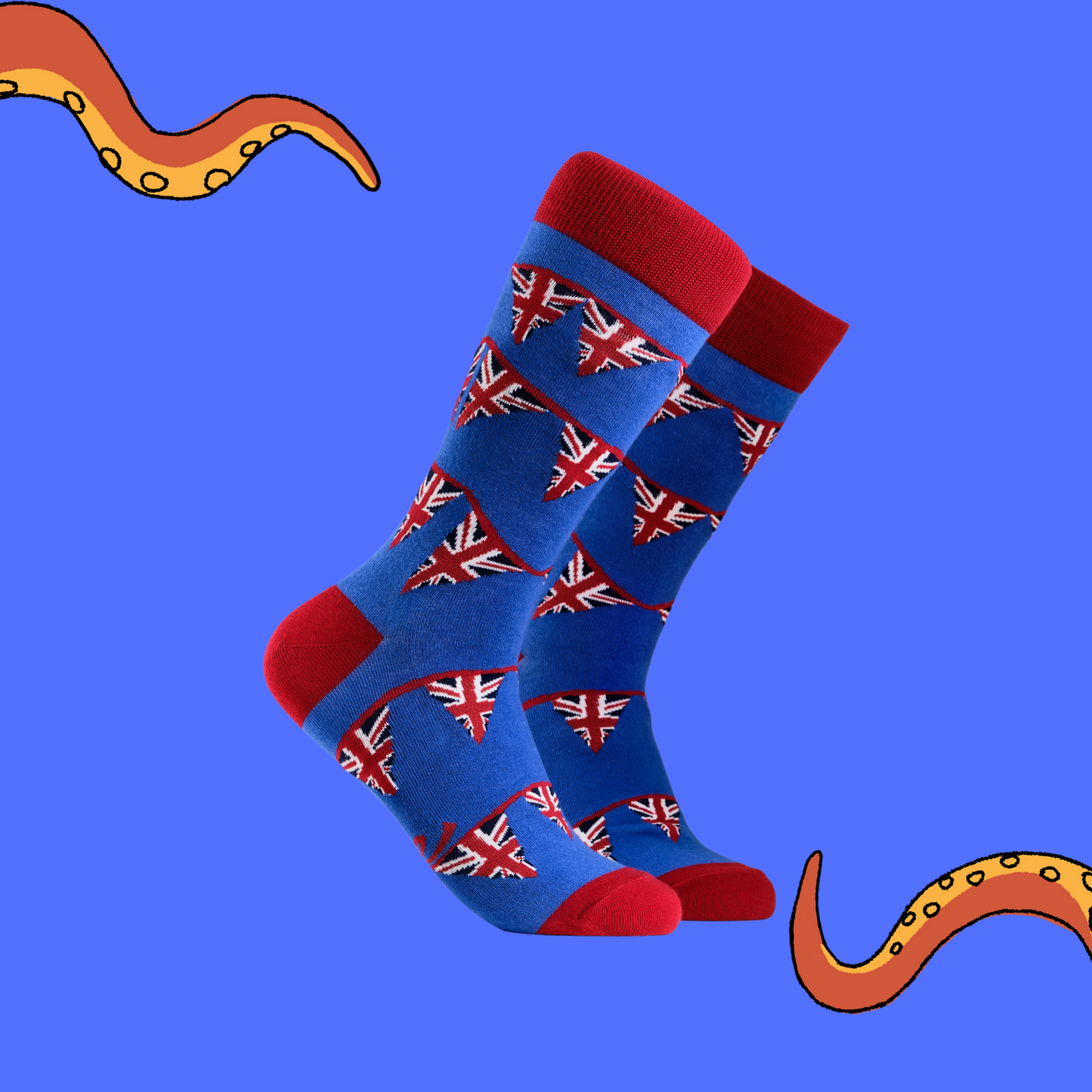 A pair of socks depicting Union Jack bunting. Blue legs, red cuff, heel and toe.