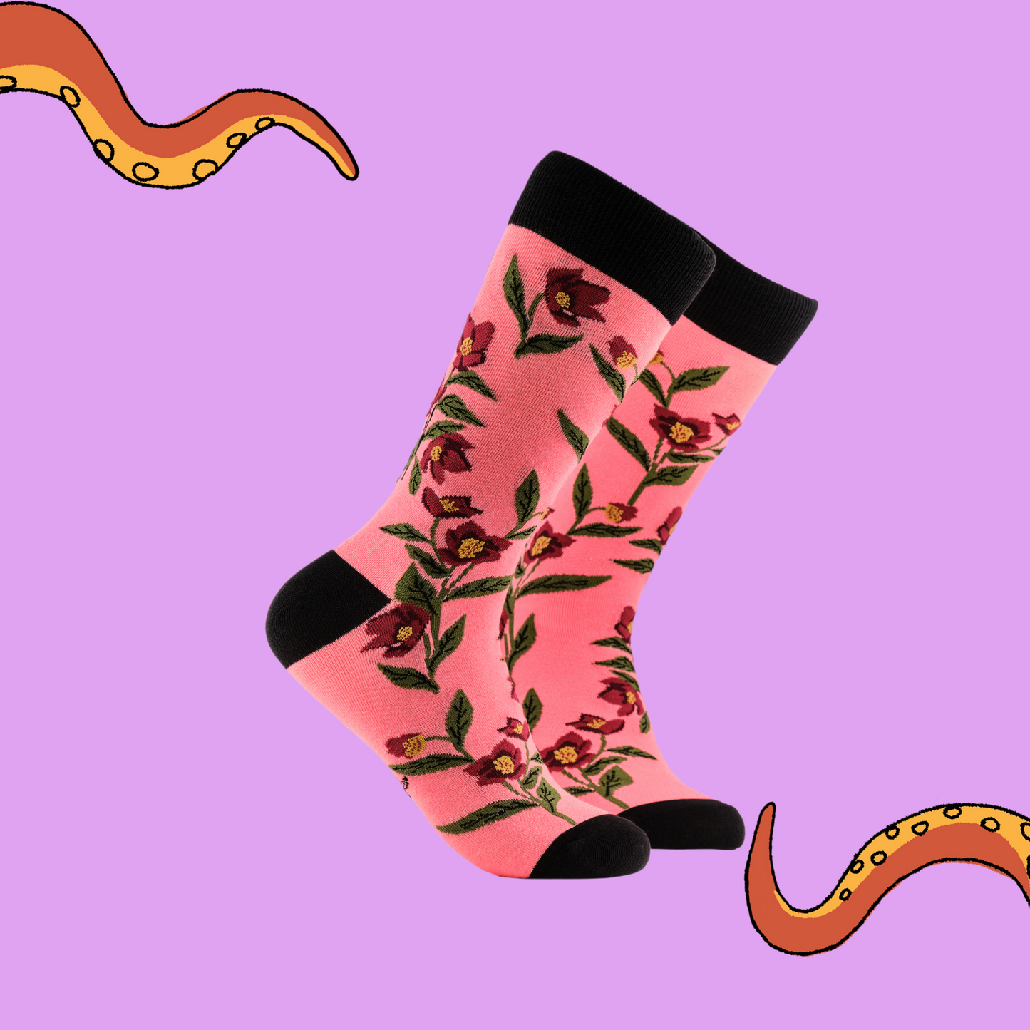 A pair of socks depicting hellebores. Pink legs, black cuff, heel and toe.