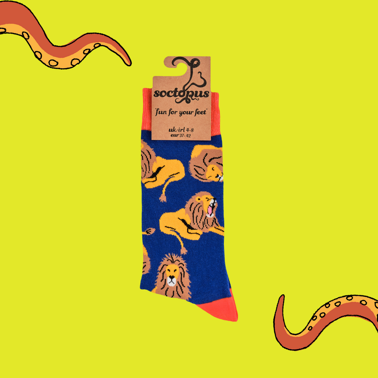 
                  
                    A pair of socks depicting lions. Blue legs, red cuff, heel and toe. In Soctopus Packaging.
                  
                