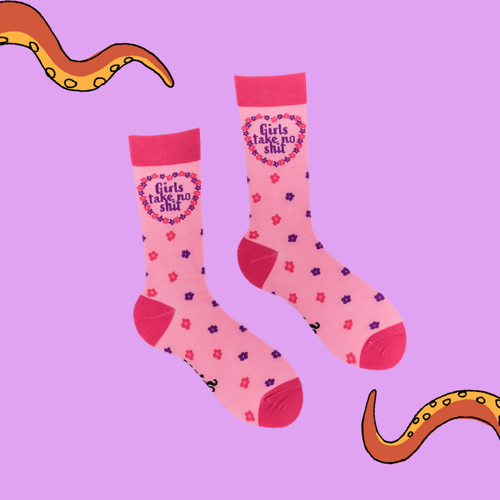
                  
                    A pair of socks depicting the words "Girls Tale No Shit". Pink legs, dark pink cuff, heel and toe
                  
                