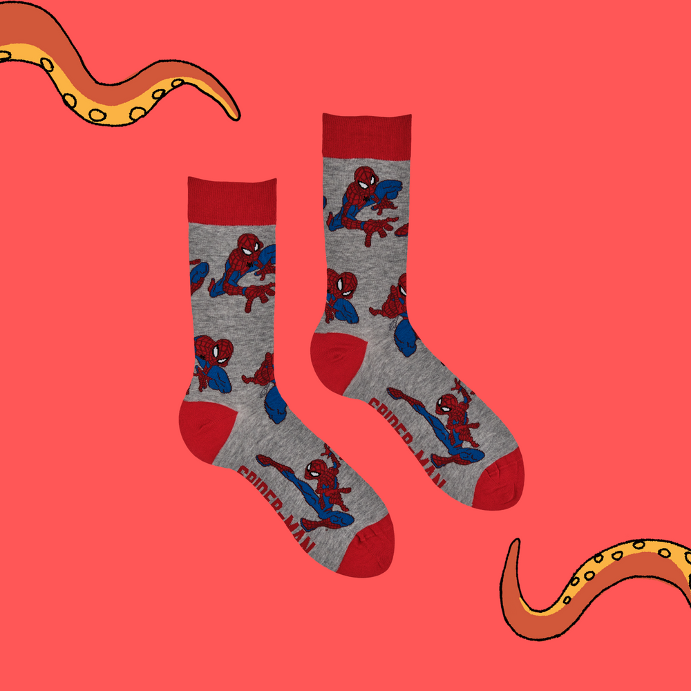 
                      
                        A pair of socks depicting the lovable hero Spider-Man. Grey legs, red toe, cuff and heel.
                      
                    