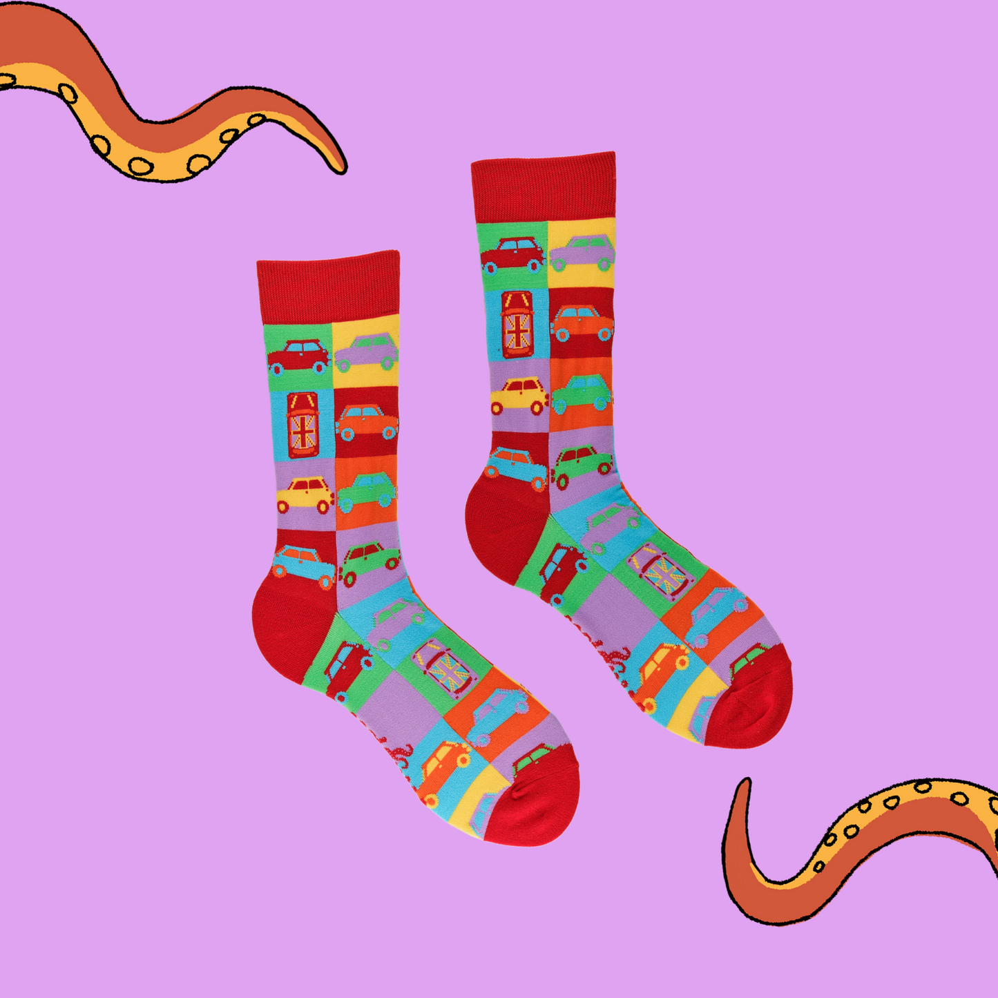 
                  
                    A pair of socks depicting the iconic Mini Cooper. Multicoloured legs, red cuff, heel and toe.
                  
                