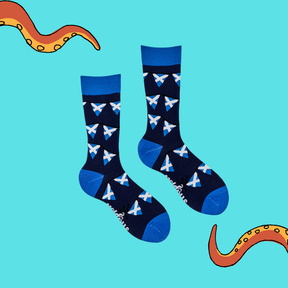 
                      
                        A pair of socks depicting the Scottish flat on bunting. Dark blue legs, light blue cuff, heel and toe.
                      
                    