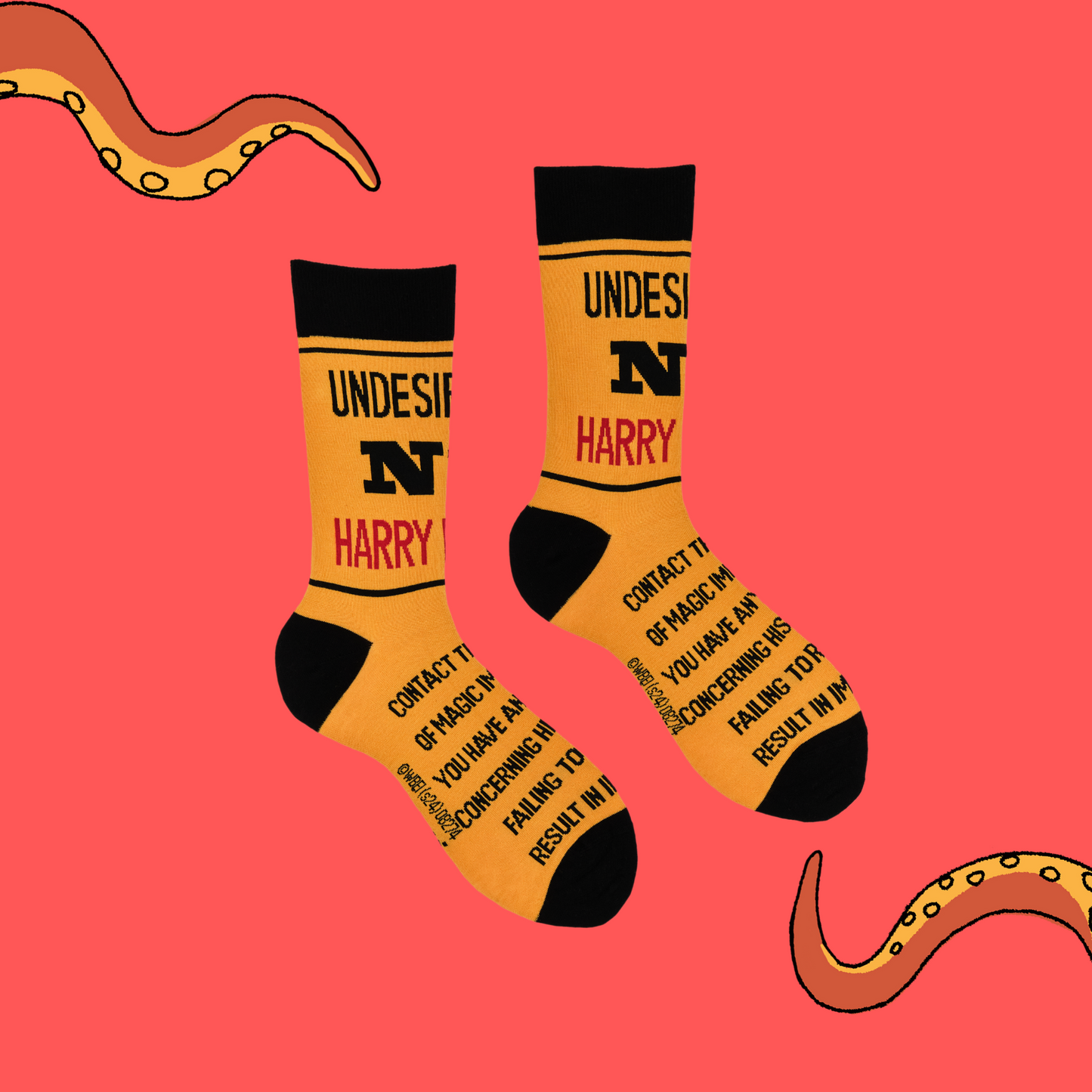 
                  
                    A pair of socks depicting Harry Potter Undesirable No.1. Yellow legs, black cuff, heel and toe.
                  
                