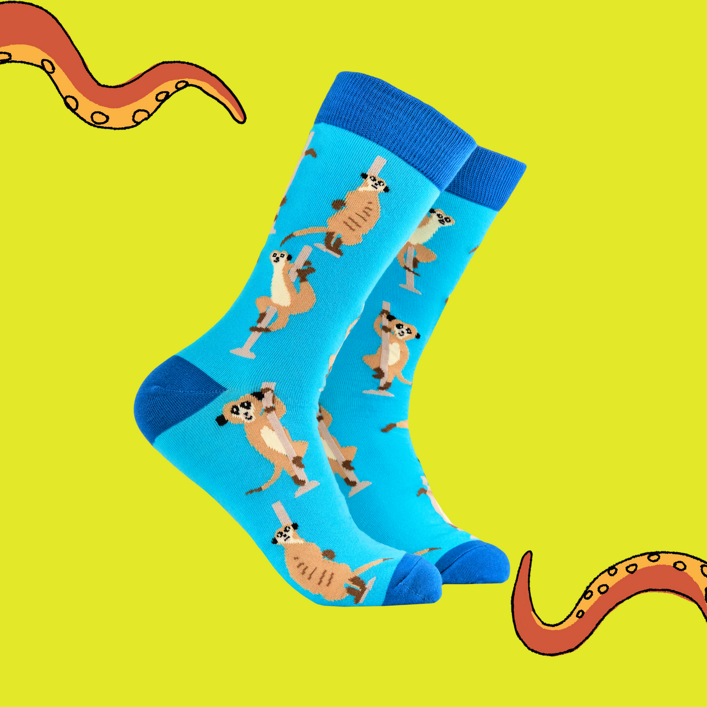 A pair of socks featuring pole dancing meerkats. Light blue legs, dark blue heel, toe and cuff. 