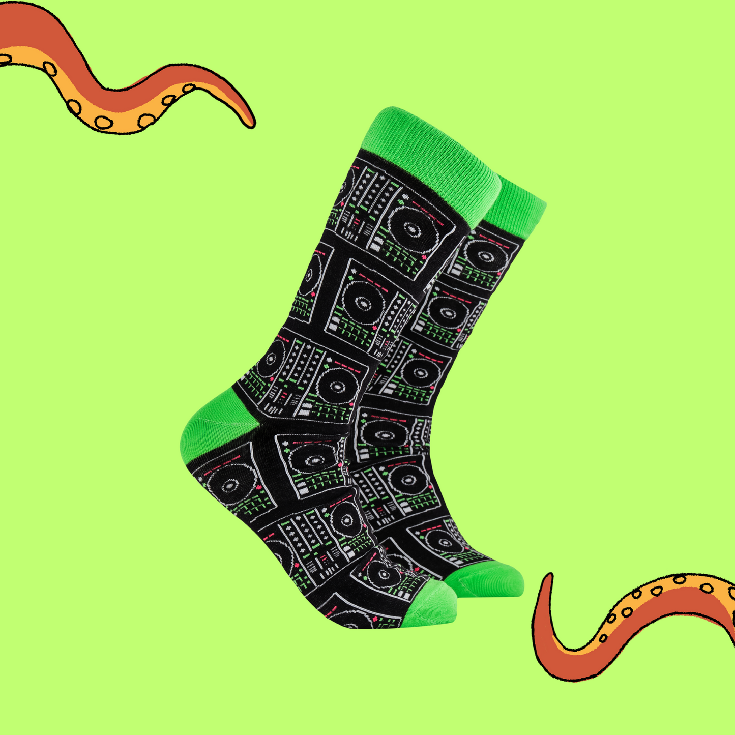 A pair of socks depicting digital DJ controllers. Black legs, green cuff, heel and toe.