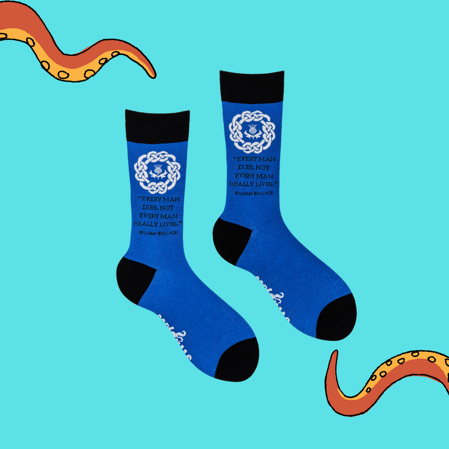 
                  
                    A pair of socks depicting a quote from William Wallace. Blue legs, black cuff, heel and toe.
                  
                