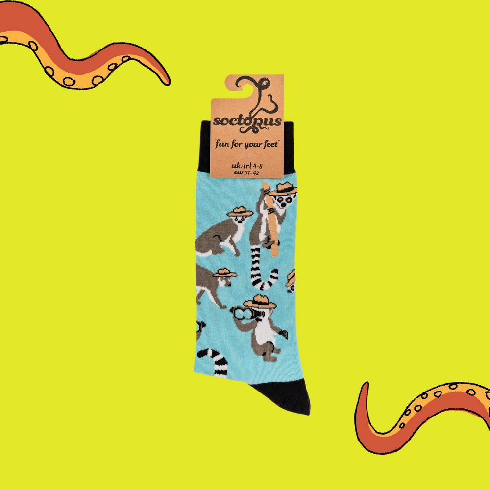 
                      
                        A pair of socks depicting Lemurs being detectives. Black legs, light blue cuff, heel and toe. In Soctopus Packaging.
                      
                    