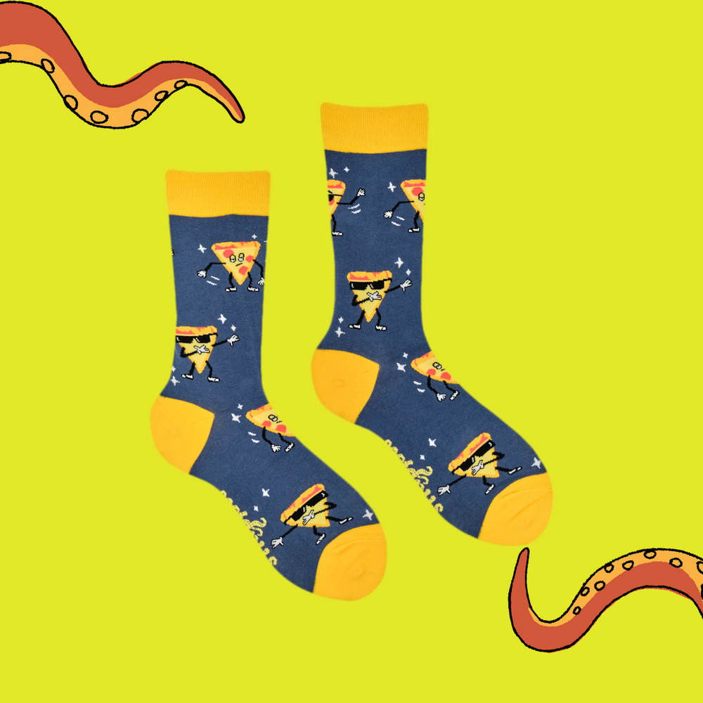 
                      
                        A pair of socks featuring a dancing slice of pizza. Blue legs, yellow heel toe and cuff. 
                      
                    